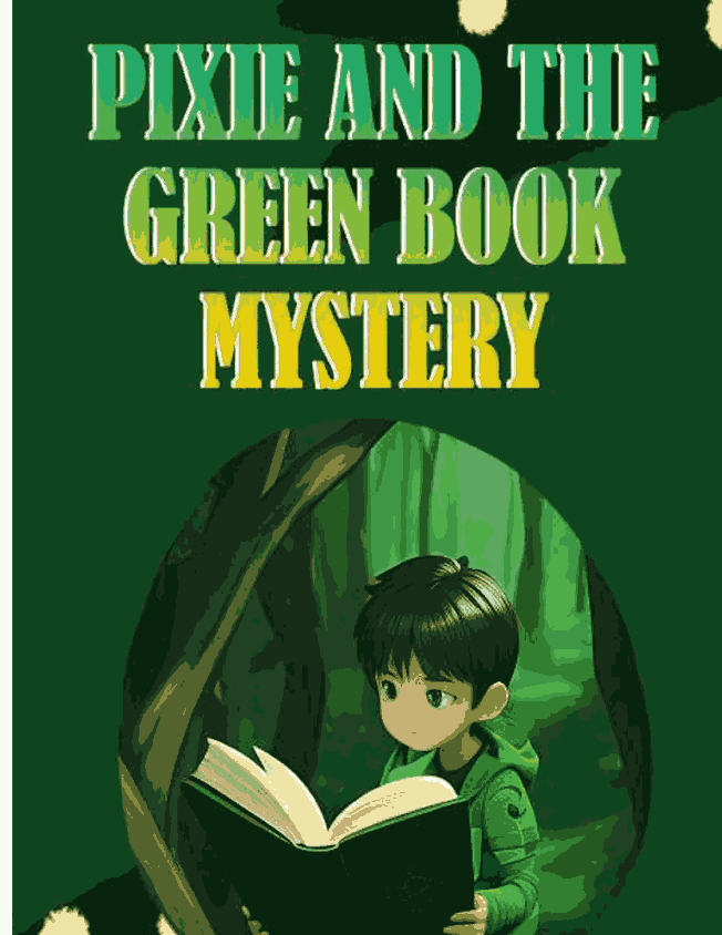 Illustration of Pixie on a magical adventure with the mysterious green book, a children's story filled with fun, mystery, and life lessons.