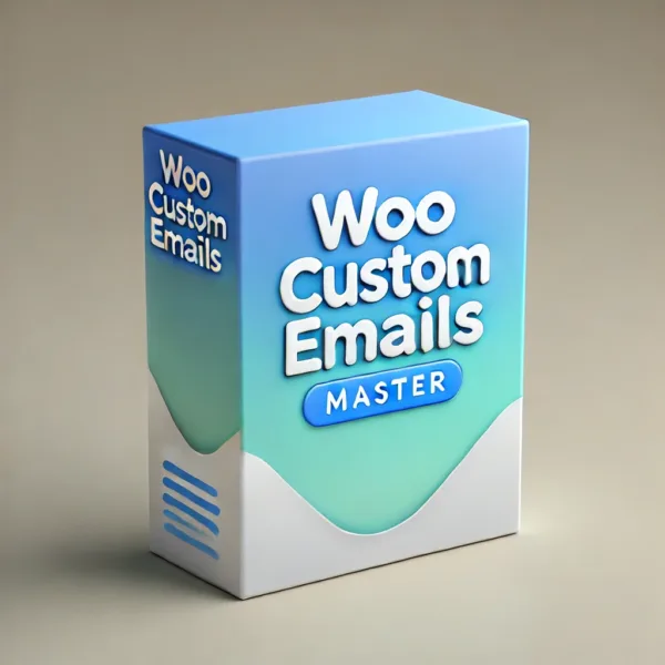 Cover of 'Woo Custom Emails Master Plugin,' a tool for customizing WooCommerce emails with full PLR rights for resale.